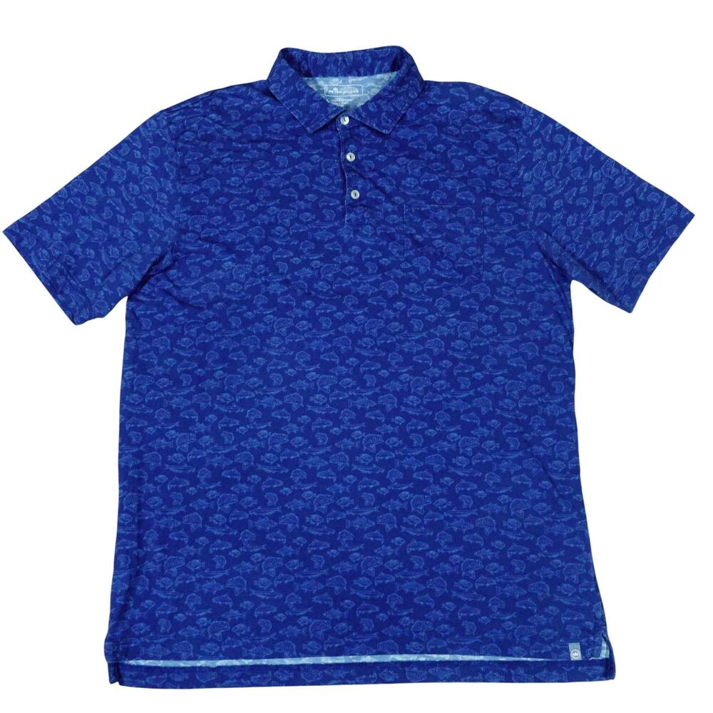 Peter Millar Geometric Fish Print Pima Cotton Blue Golf Polo Shirt Men's Large